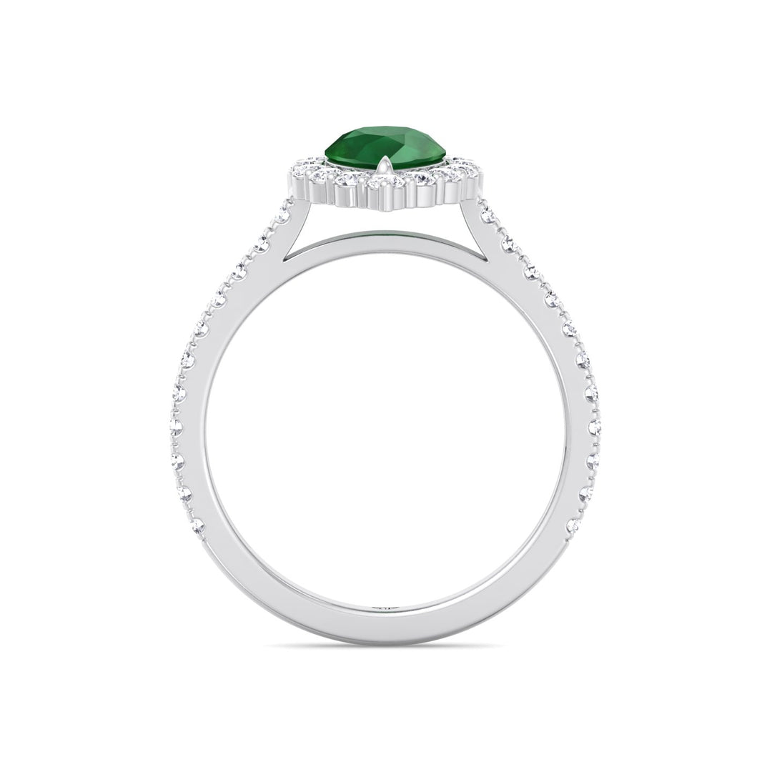 Natural Pear Shape Green Emerald Halo Engagement Ring With Pave Band