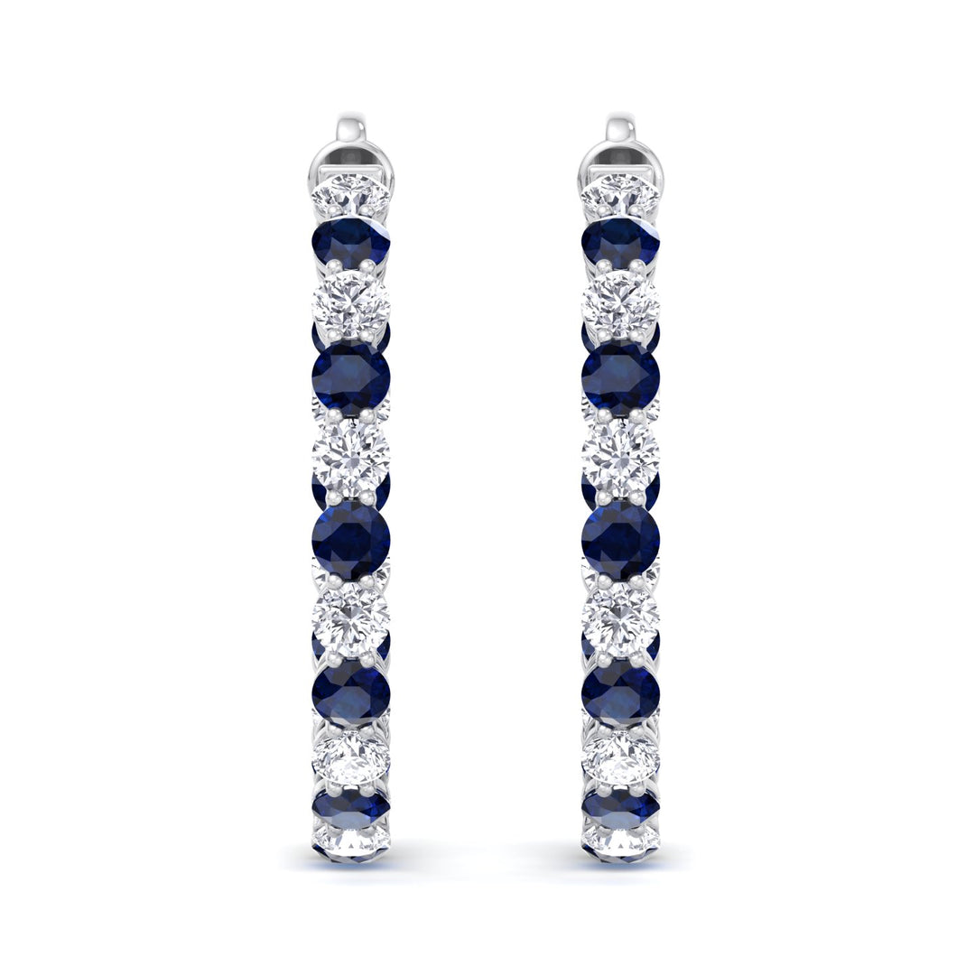 Alternating Natural Blue Sapphire and Diamond Inside Out Hoop Earrings White Gold 14K