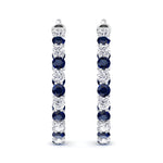 Alternating Natural Blue Sapphire and Diamond Inside Out Hoop Earrings White Gold 14K