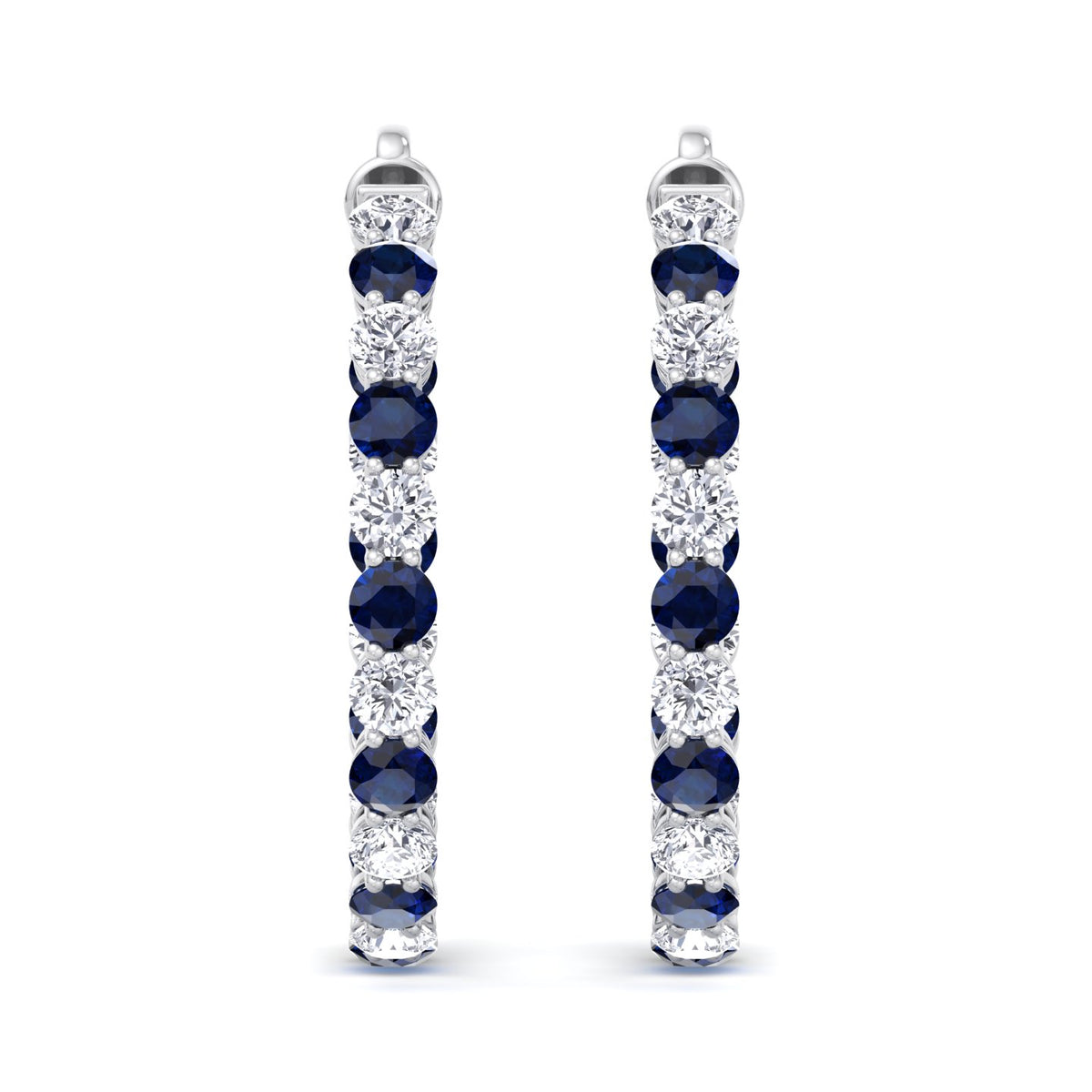 Alternating Natural Blue Sapphire and Diamond Inside Out Hoop Earrings White Gold 14K
