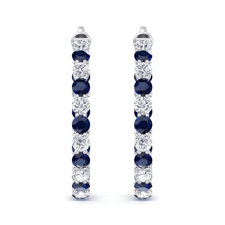Alternating Natural Blue Sapphire and Diamond Inside Out Hoop Earrings White Gold 14K