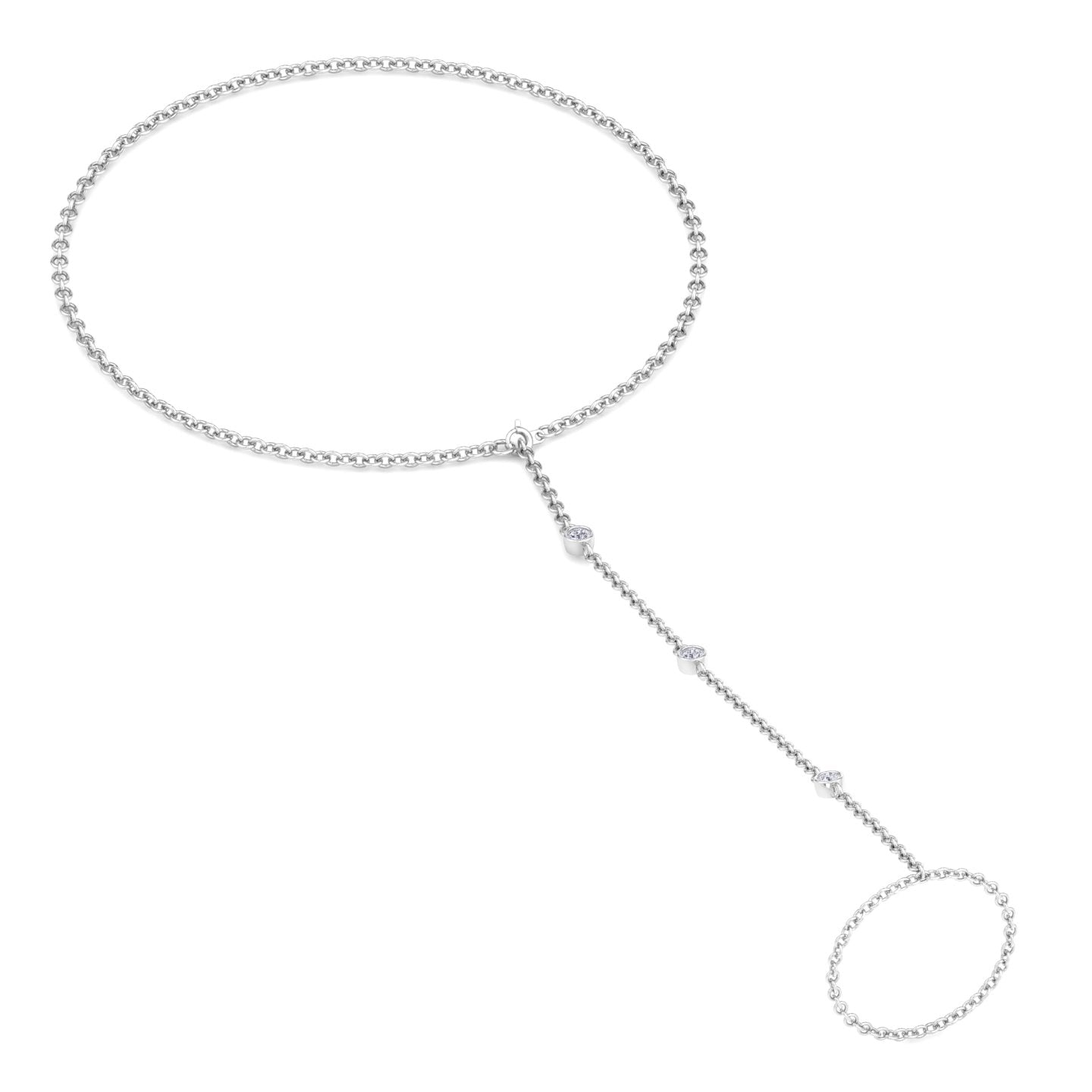 Bezel Set Round Shape Natural Diamond Hand Ring Chain White Gold 