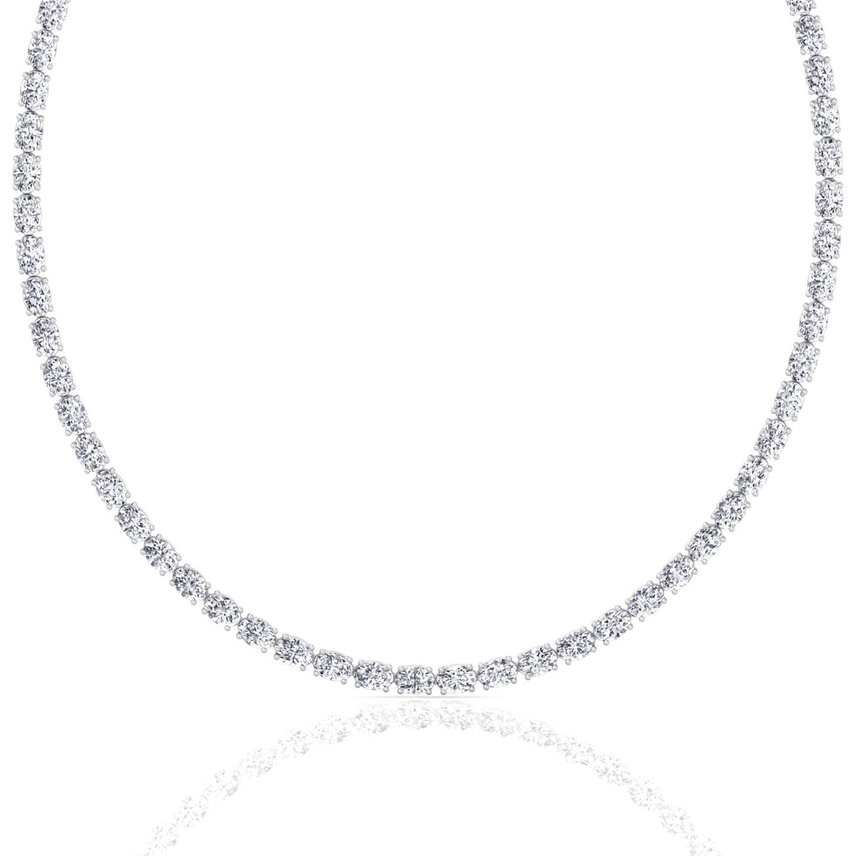 Oval Shape East to West Natural Diamond Tennis Necklace White Gold 18K