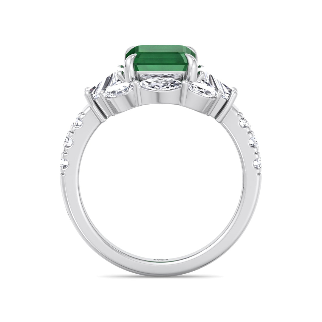 Anzola - Emerald Shape Green Emerald Engagement Ring with Marquise, Trapezoid, and Round Side Stones