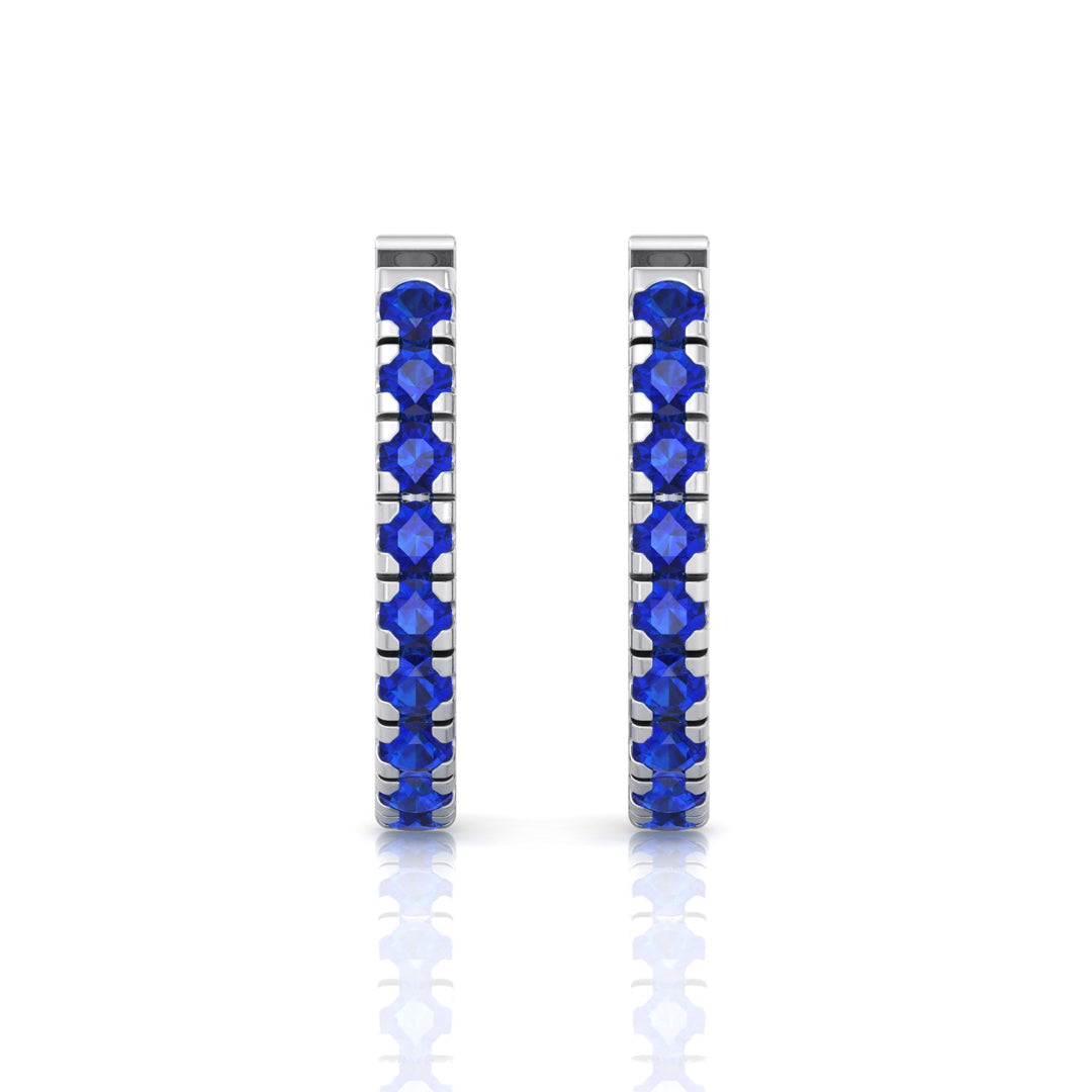 Natural Blue Sapphire Round Shape Huggie Hoop Earrings White Gold 18K