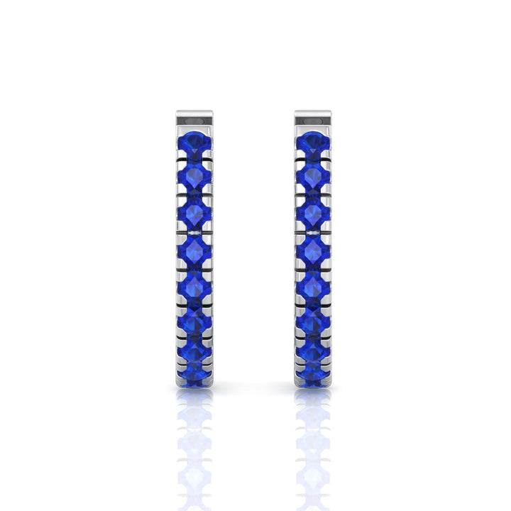 Natural Blue Sapphire Round Shape Huggie Hoop Earrings White Gold 18K