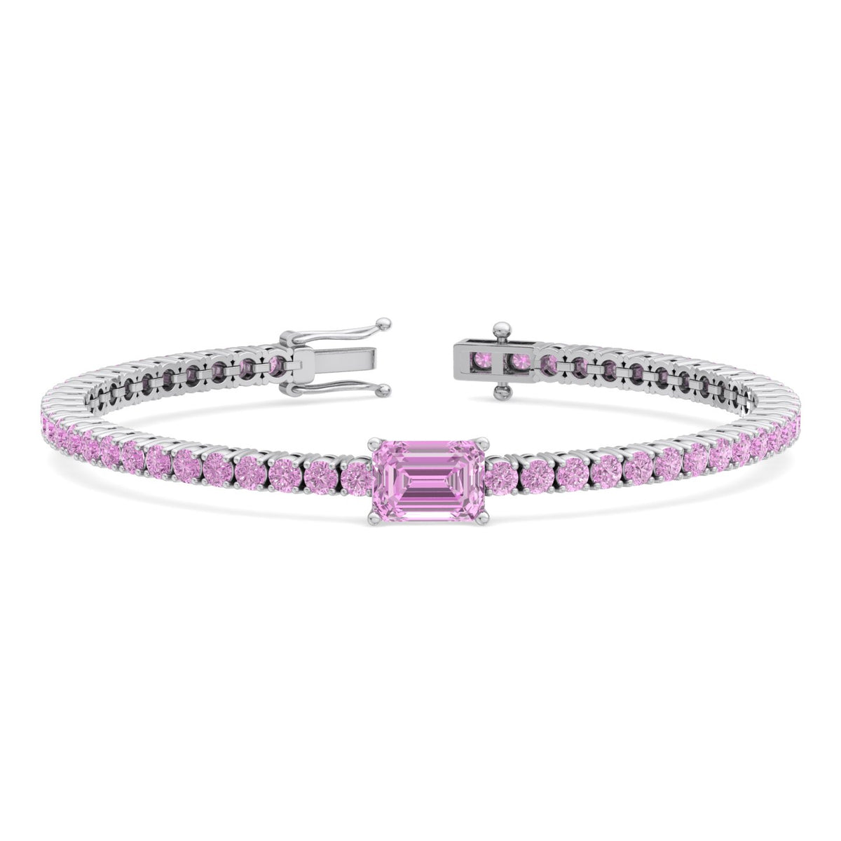 Pierra - Single Stone Emerald Shape Natural Pink Sapphire Tennis Bracelet - Gem Jewelers Co
