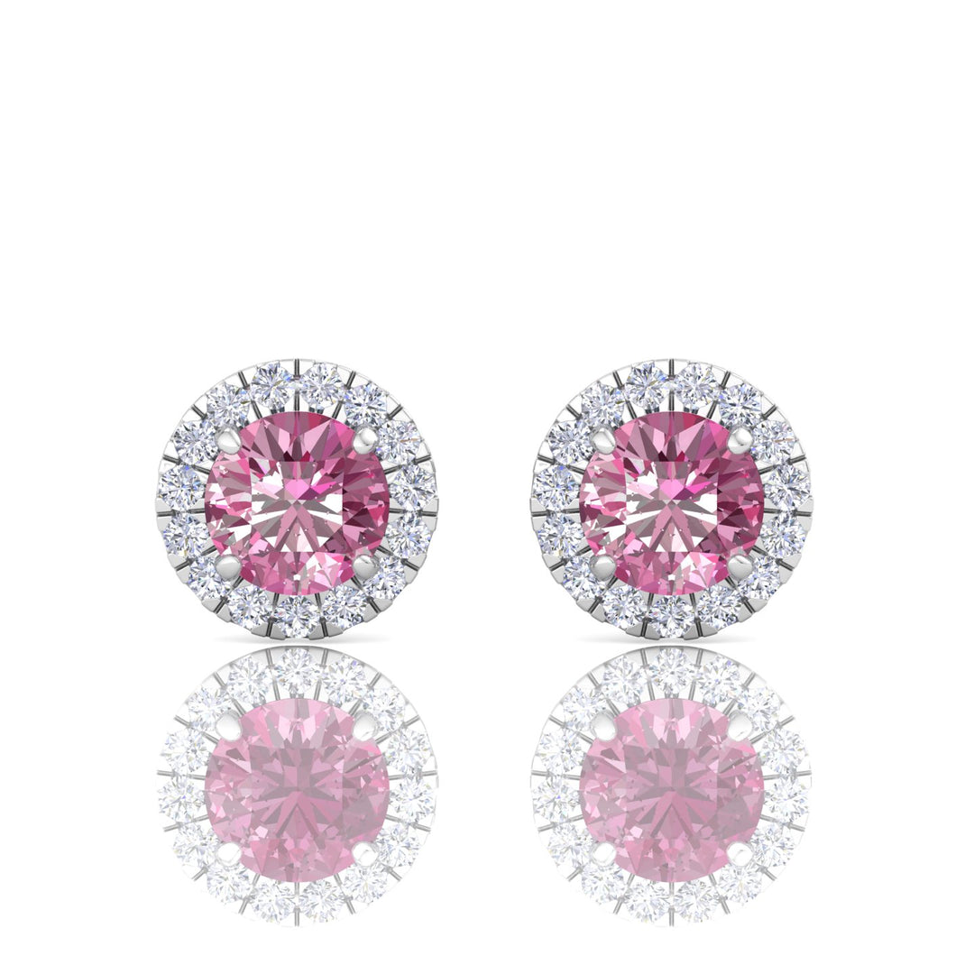 Round Shape Natural Pink Sapphire & Diamond Halo Studs