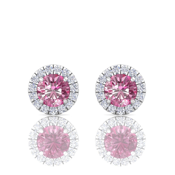 Round Shape Natural Pink Sapphire & Diamond Halo Studs