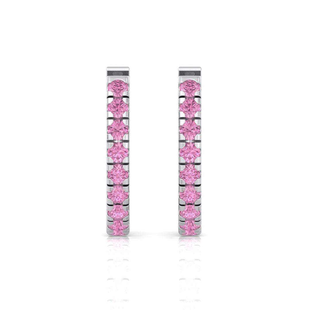 Natural Pink Sapphire Round Shape Huggie Hoop Earrings White Gold 2