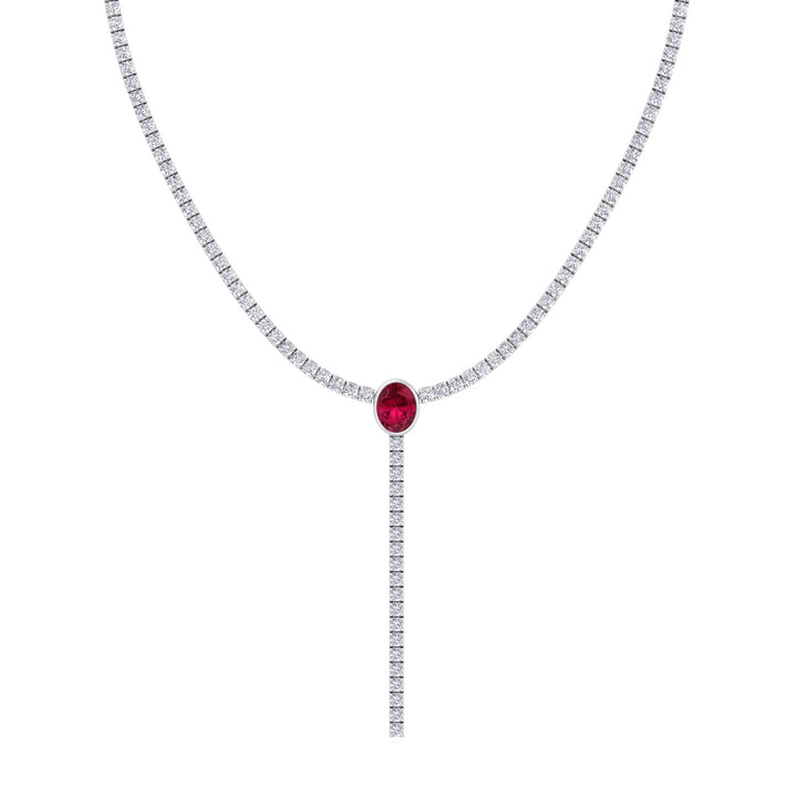 10.50CT T.W Round Natural Diamond Lariat Tennis Necklace with Natural Red Ruby Centerpiece