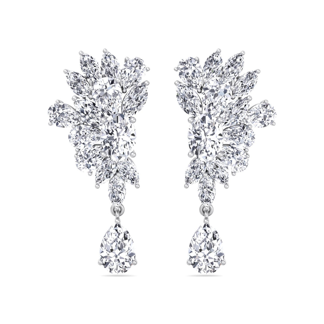 Cluster Marquise and Pear Shape Natural Diamond Drop Earrings White Gold 14K