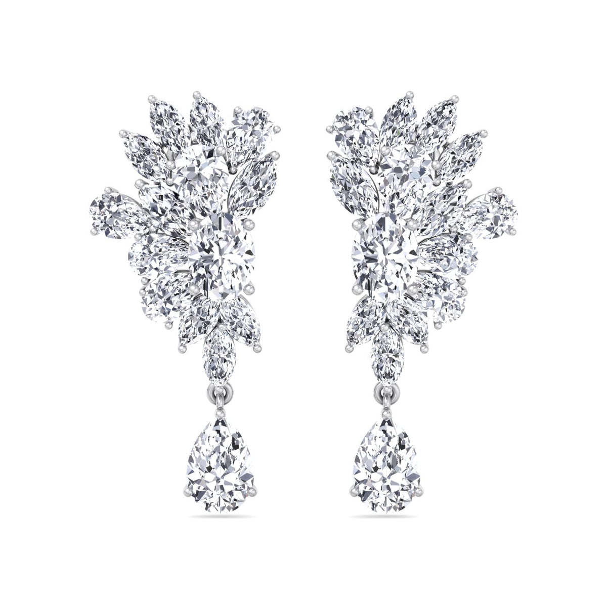 Cluster Marquise and Pear Shape Natural Diamond Drop Earrings White Gold 14K