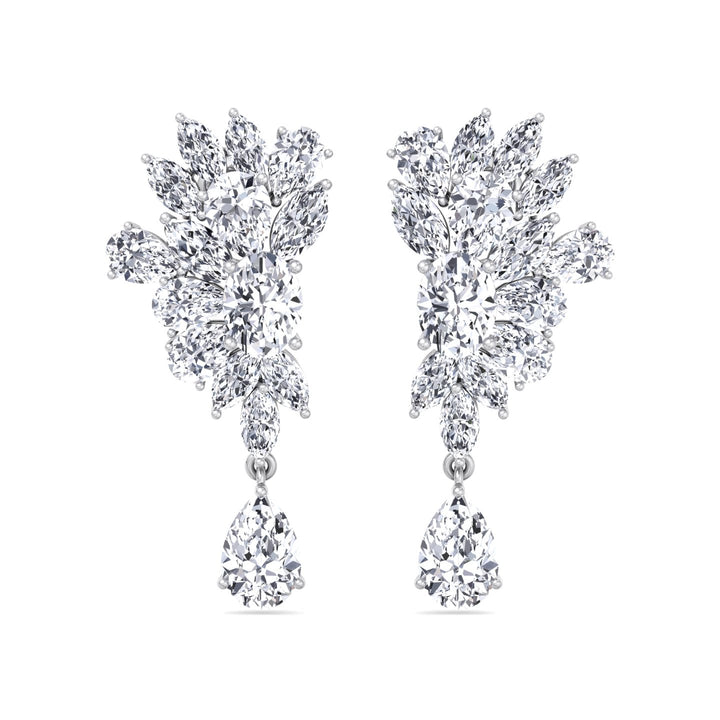 Cluster Marquise and Pear Shape Natural Diamond Drop Earrings White Gold 14K