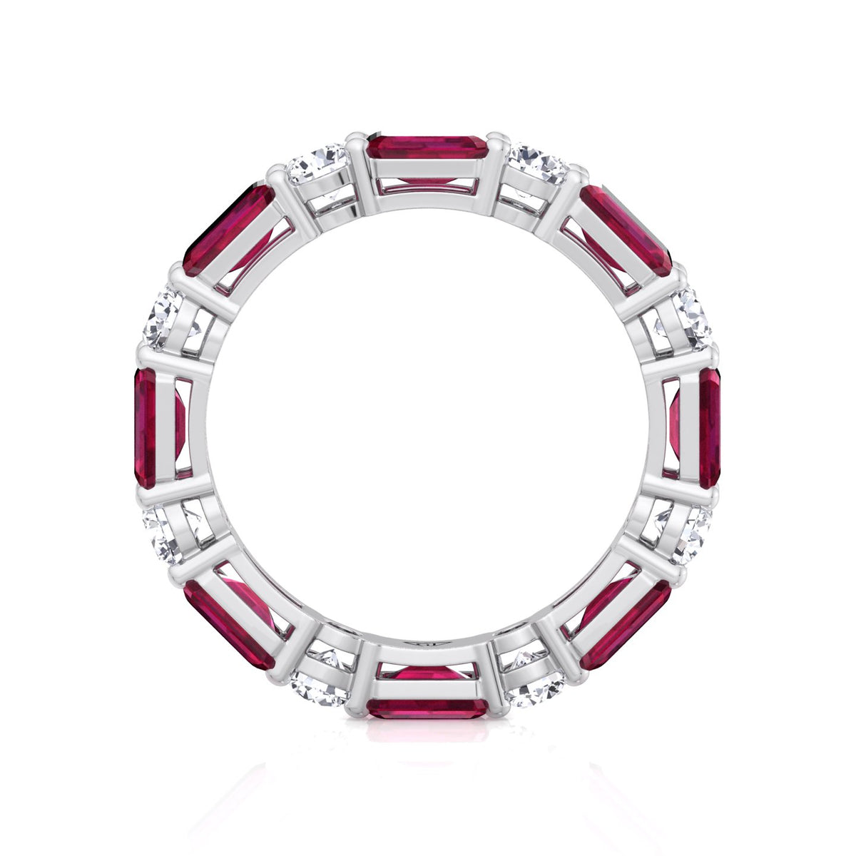 Alternating Natural Emerald Shape Red Ruby and Round Shape Diamond Eternity Band White Gold