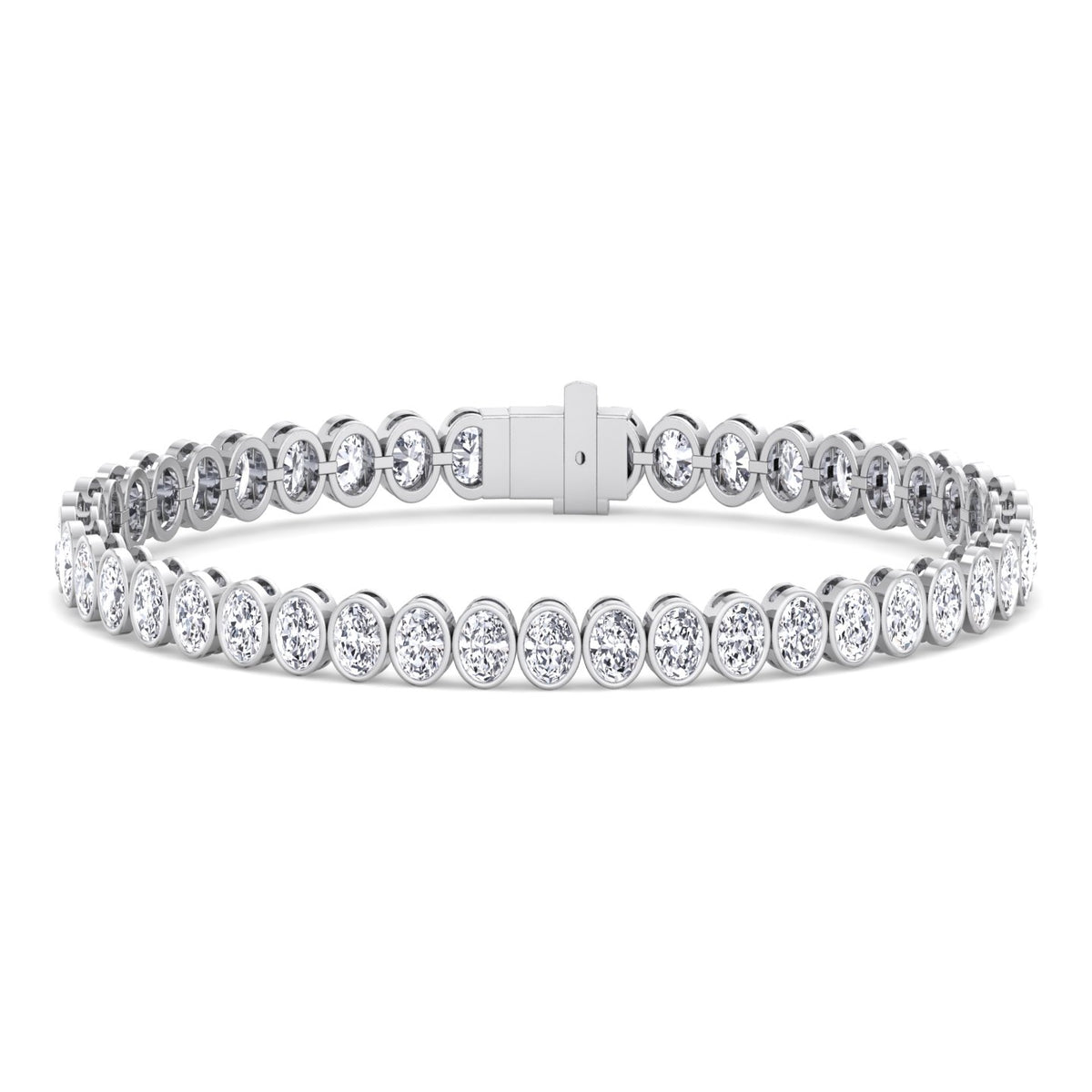 Bezel set oval natural diamond tennis bracelet 14K white gold