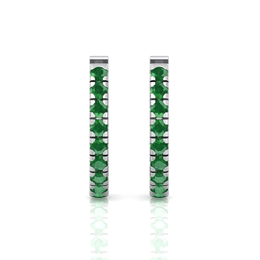 Natural Green Emerald Round Shape Huggie Hoop Earrings White Gold 18K 1