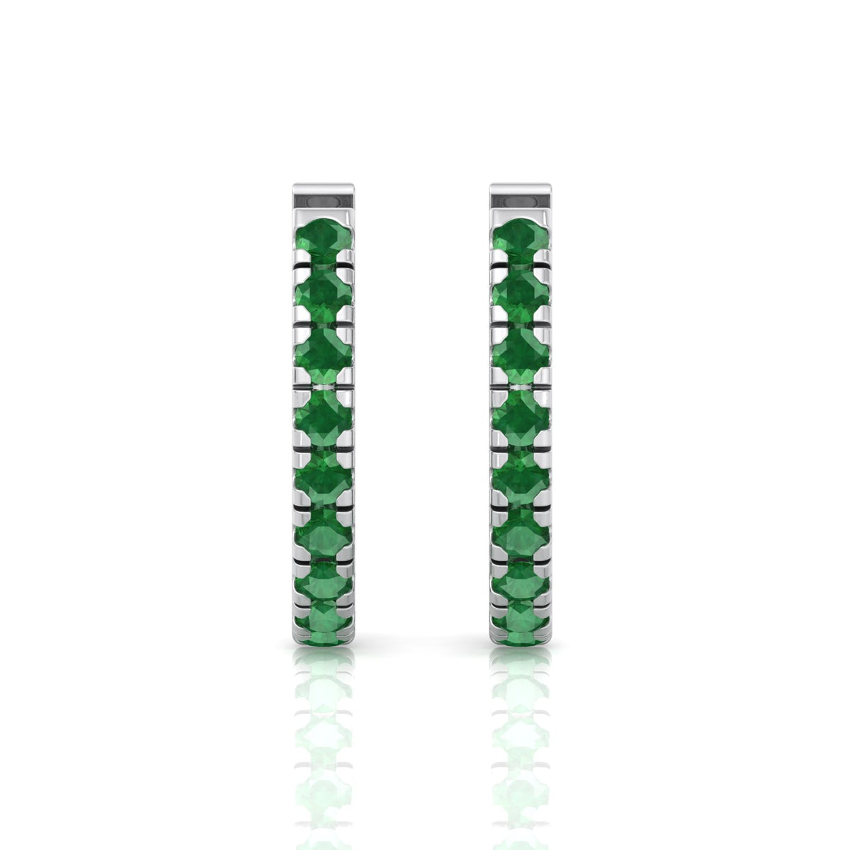 Natural Green Emerald Round Shape Huggie Hoop Earrings White Gold 18K 1