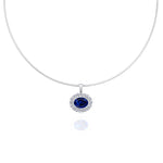 Oval Shape Natural Blue Sapphire and Diamond Halo Pendant in Omega Chain White Gold 18K
