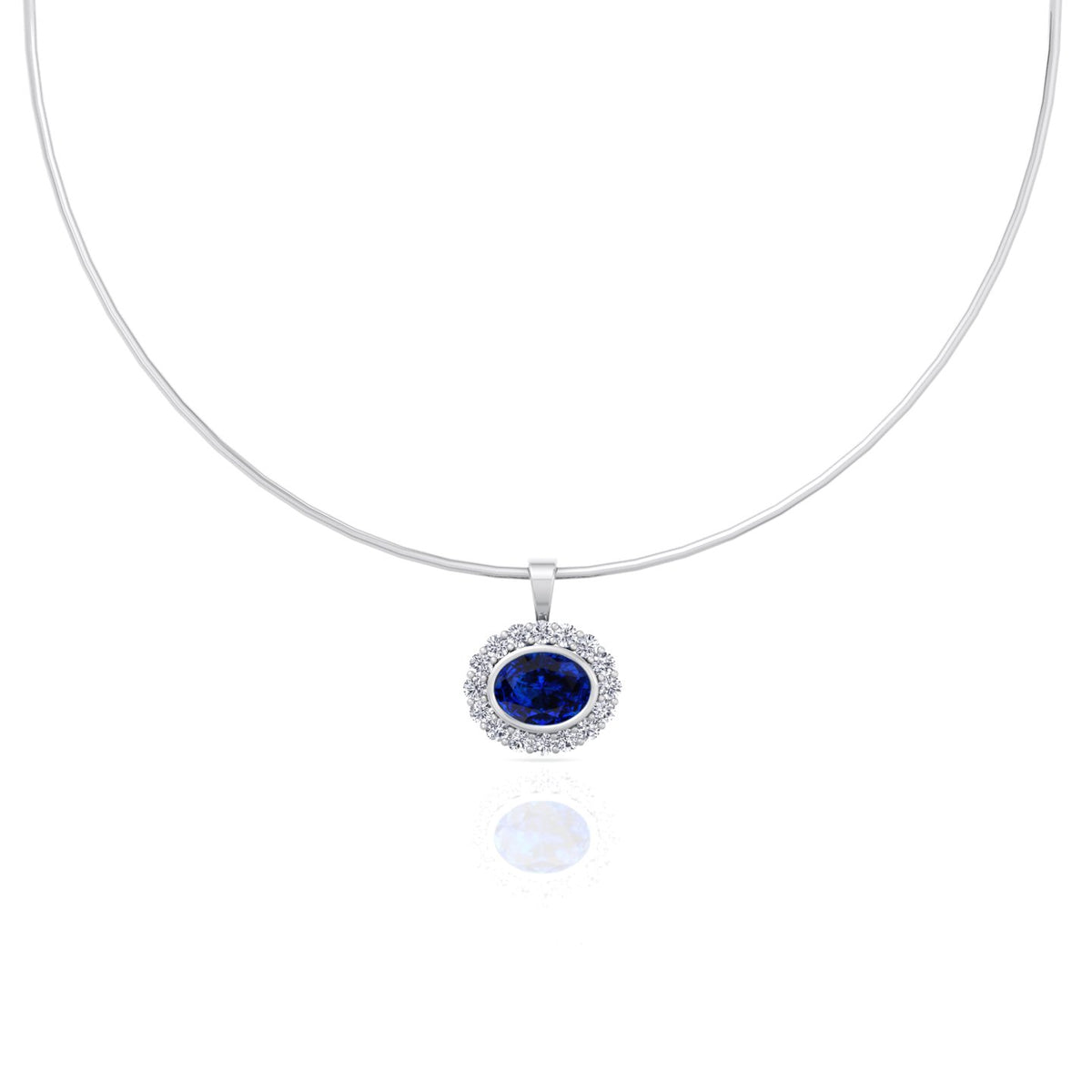 Oval Shape Natural Blue Sapphire and Diamond Halo Pendant in Omega Chain White Gold 18K