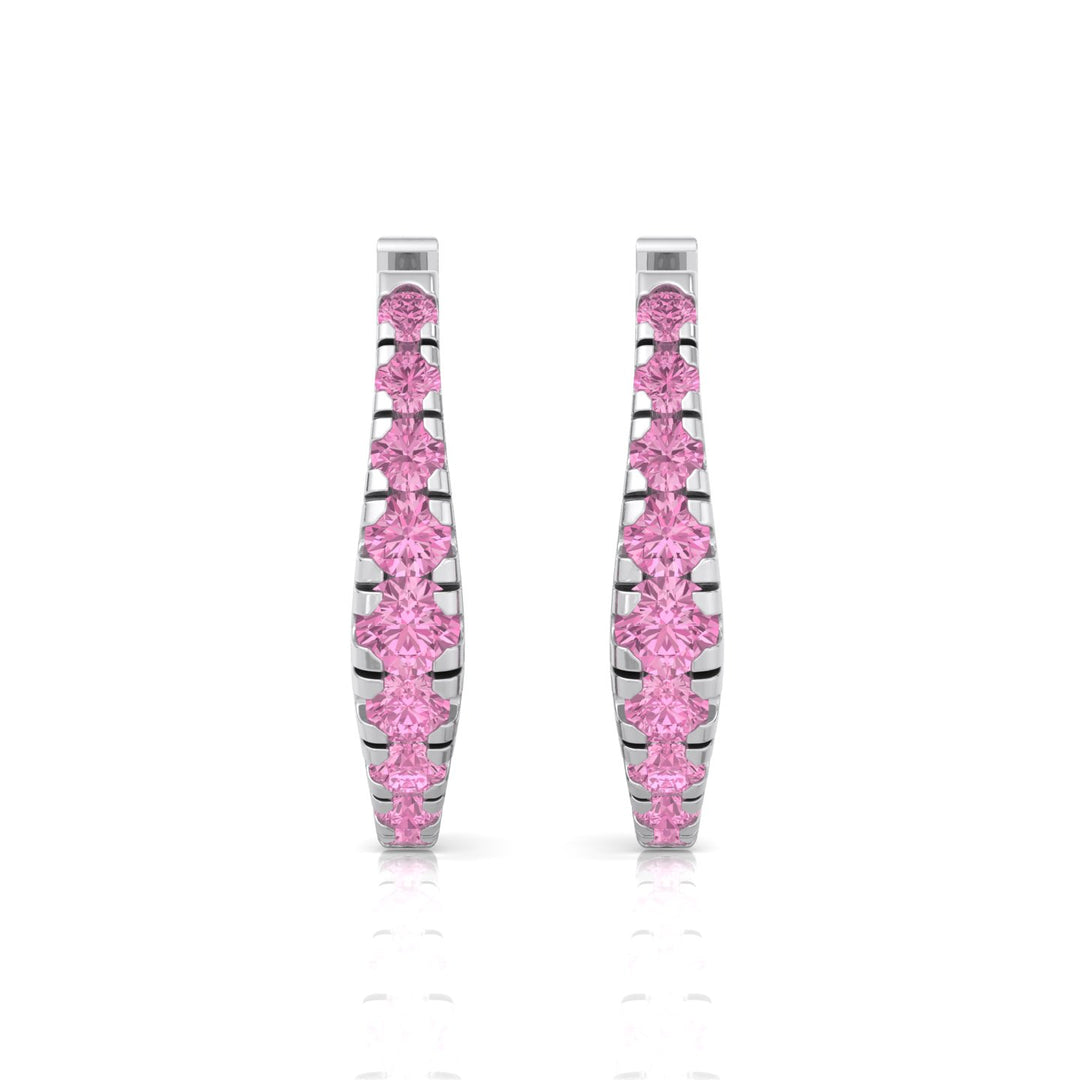 Natural Pink Sapphire Graduated Round Shape Huggie Hoop Earrings WG 3