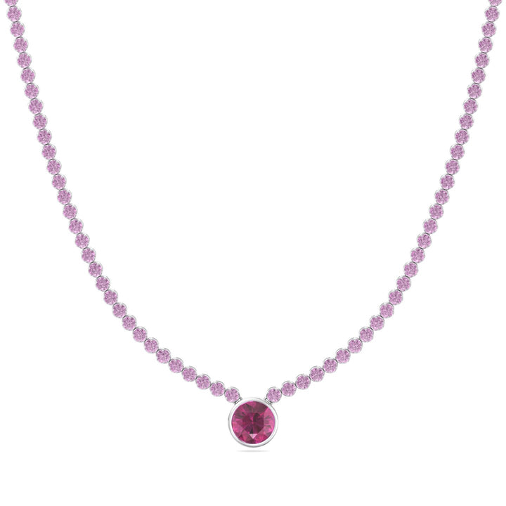 9.5CT T.W Round Cut Crown Prong Natural Pink Sapphire Tennis Necklace with Round Bezel Pendant