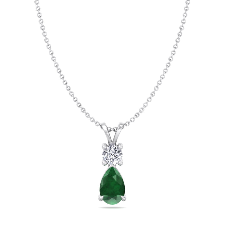 Natural Pear Shape Green Emerald & Round Shape Diamond Teardrop Pendant Necklace