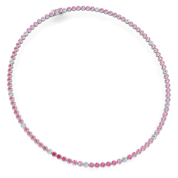 Bezel Set Natural Pink Sapphire Tennis Necklace with Diamonds
 White Gold 14K 