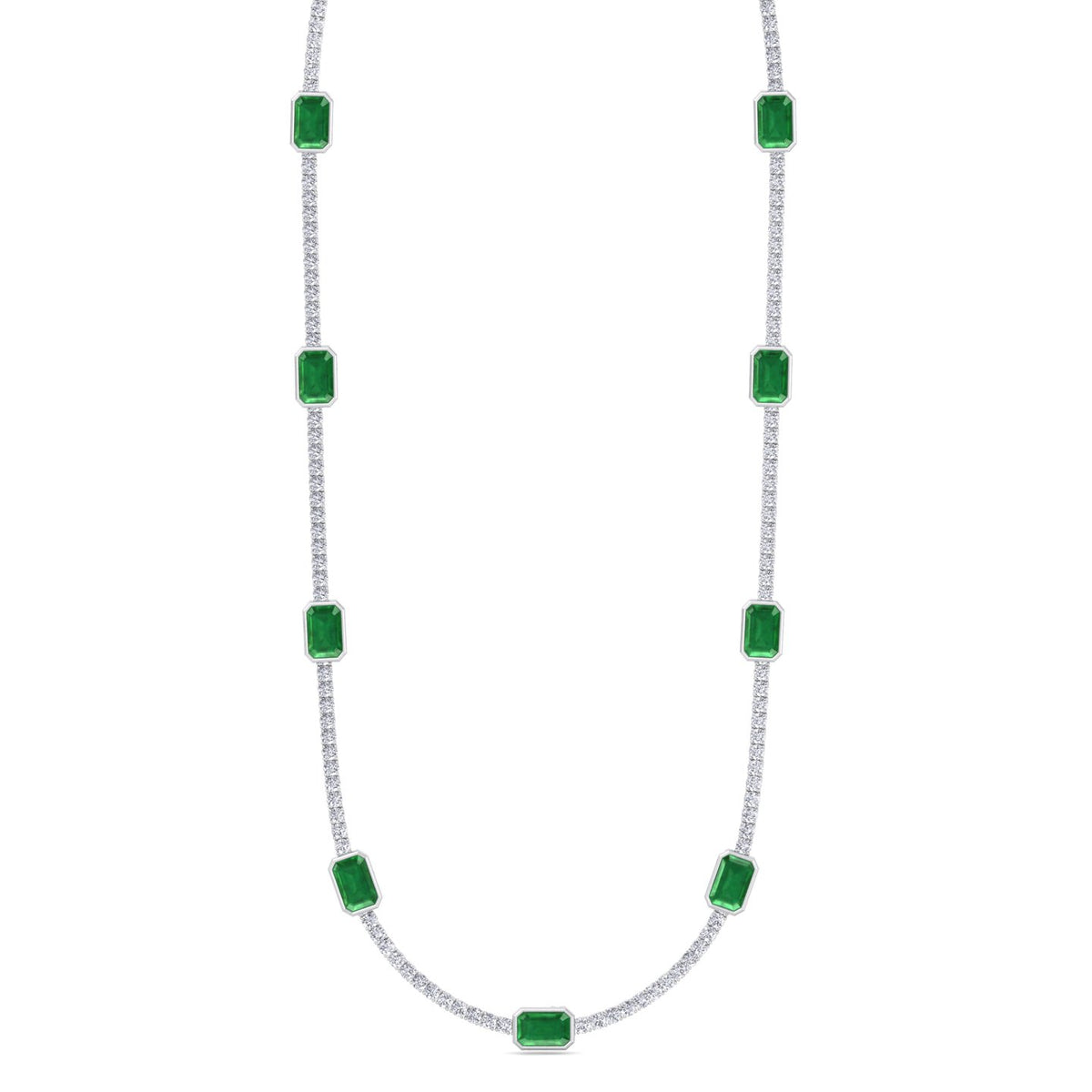 natural-diamond-green-emerald-station-tennis-necklace-14K-white-gold