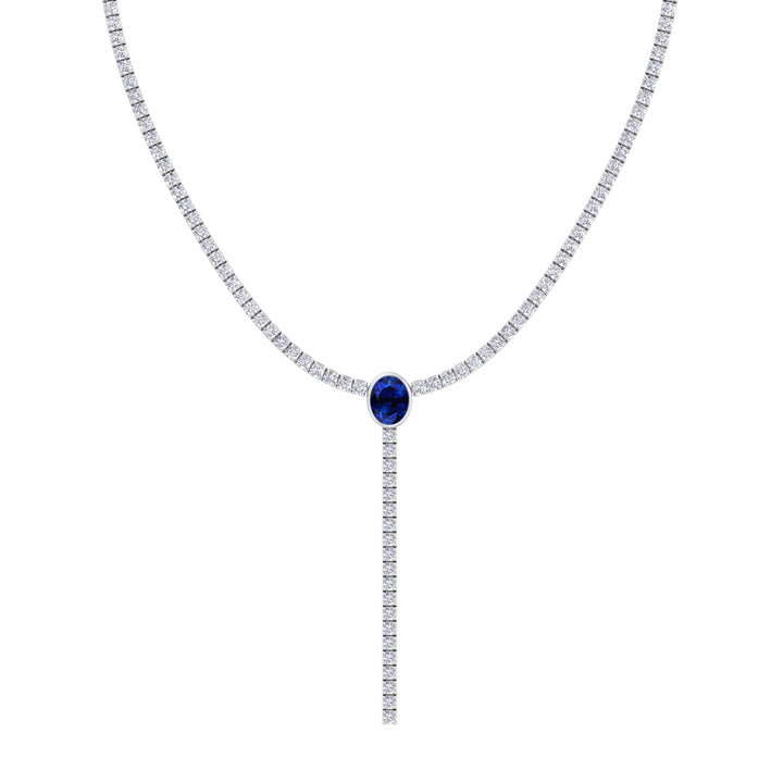 10.50CT T.W Round Natural Diamond Lariat Tennis Necklace with Natural Blue Sapphire Centerpiece