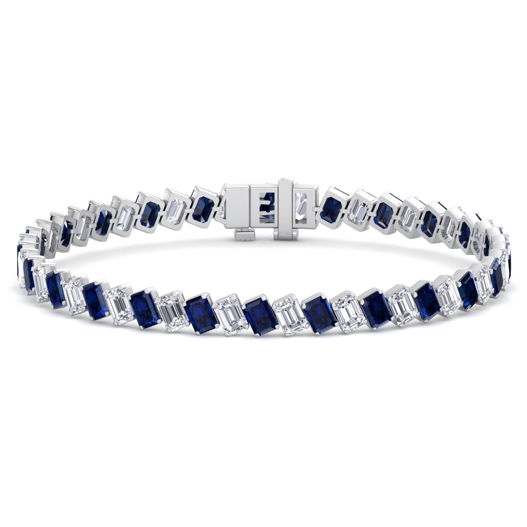 Alternating Emerald Shape Natural Blue Sapphire & Natural Diamond Diagonal Tennis Bracelet 14K Solid Gold