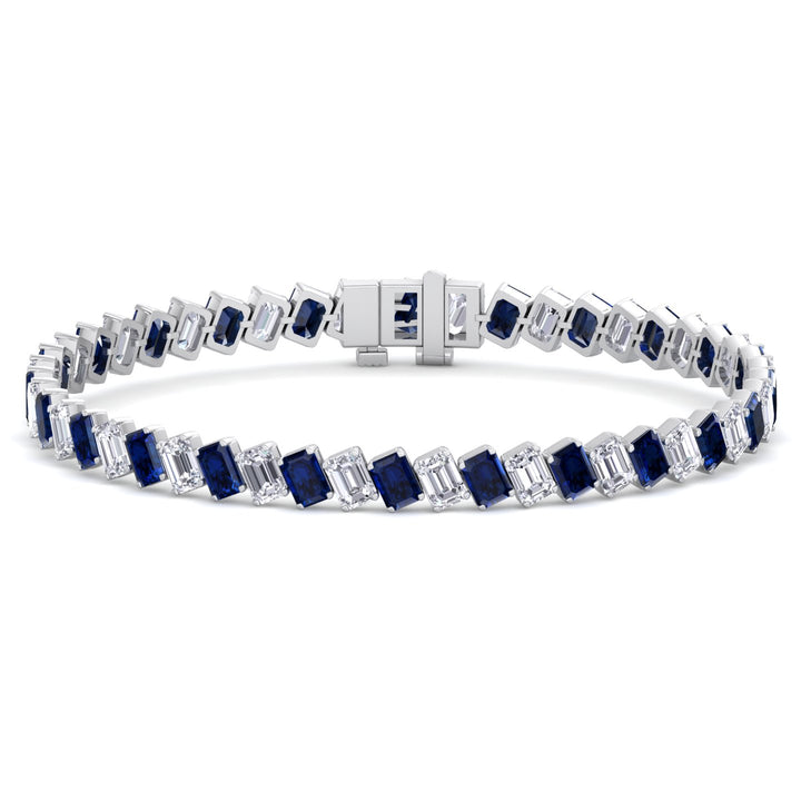 Alternating Emerald Shape Natural Blue Sapphire & Natural Diamond Diagonal Tennis Bracelet 18K Solid Gold