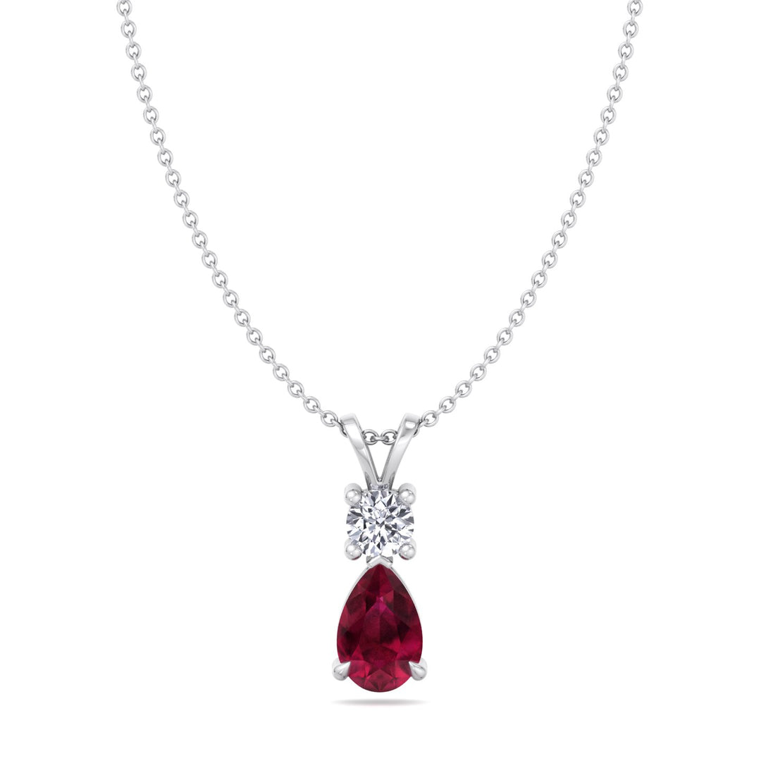 Natural Pear Shape Red Ruby & Round Shape Diamond Teardrop Pendant Necklace