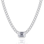 Bezel Set Emerald Cut Natural Diamond Cuban Chain Necklace White Gold 18K