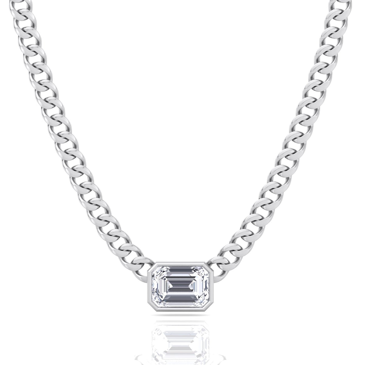 Bezel Set Emerald Cut Natural Diamond Cuban Chain Necklace White Gold 18K
