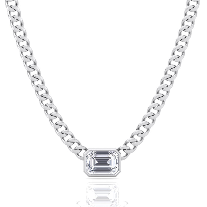 Bezel Set Emerald Cut Natural Diamond Cuban Chain Necklace White Gold 18K