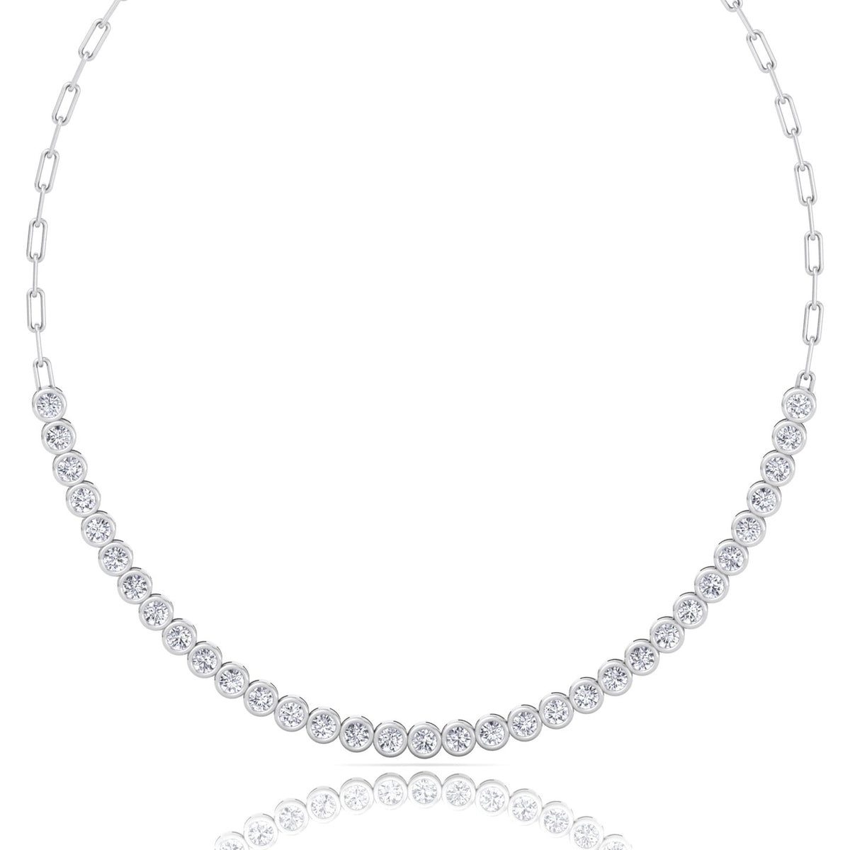 Paper Clip and Bezel Set Diamond Tennis Necklace-8CT-14K- All White Gold