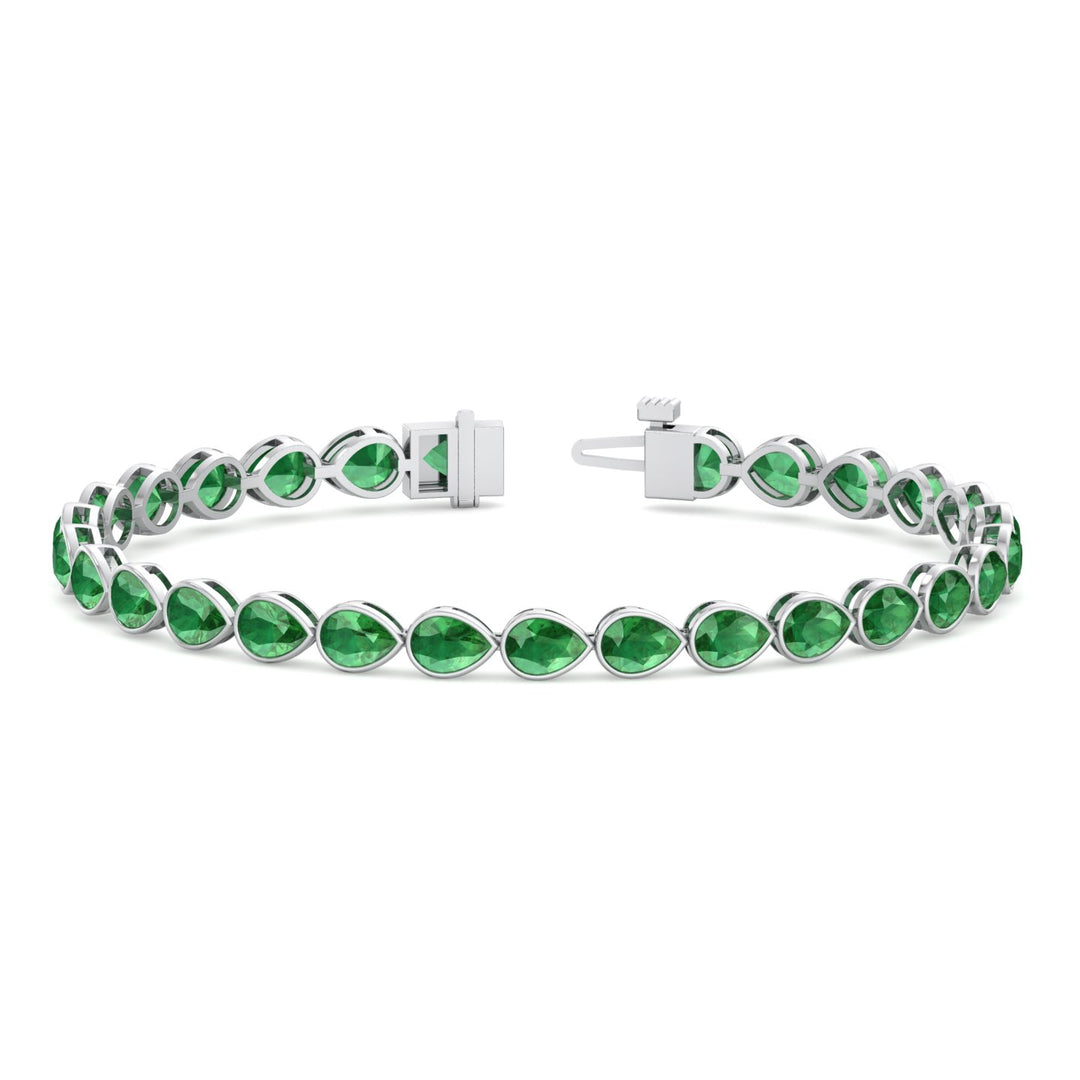 East West Pear Shape Natural Green Emerald Tennis Bracelet White Gold 18K
