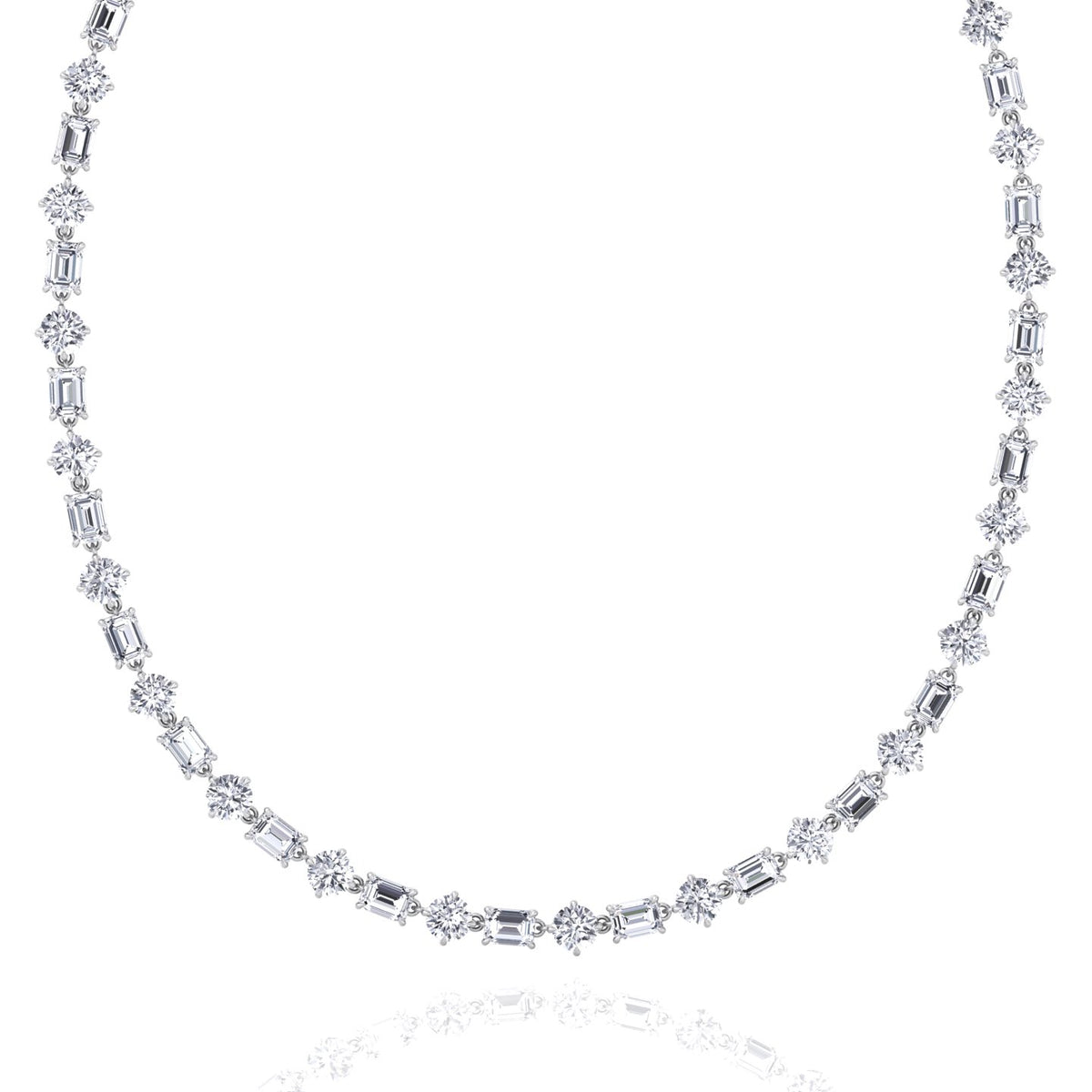 Alternating Emerald and Round Natural Diamond Tennis Necklace White Gold 14K 