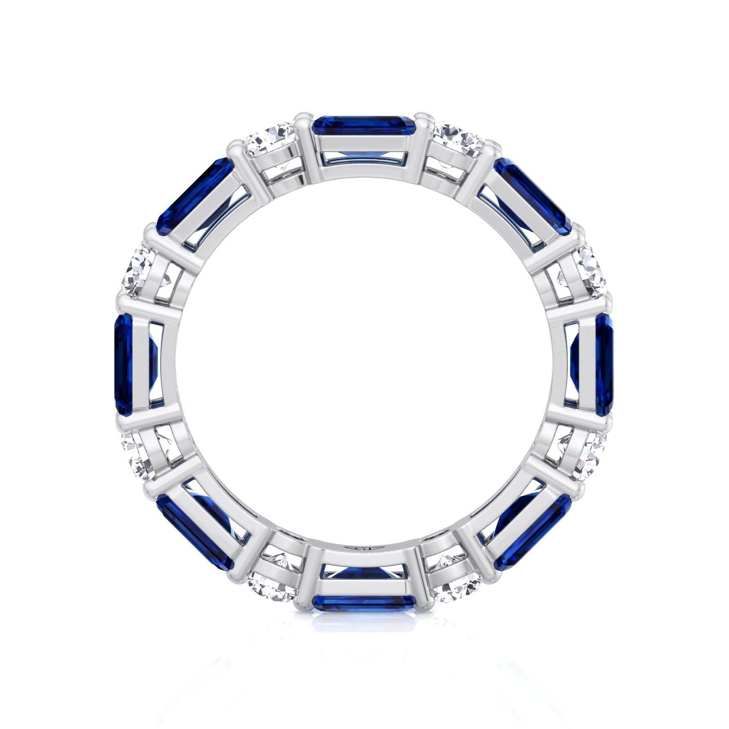 Alternating Natural Emerald Shape Blue Sapphire and Round Shape Diamond Eternity Band White Gold