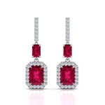 Natural Red Ruby Emerald Shape & Diamond Drop Earrings- WhiteGold- 14K