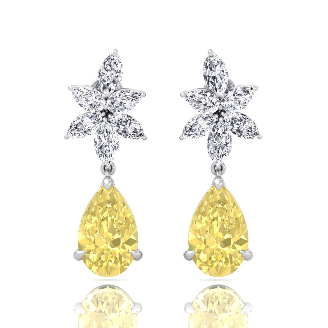 Pear & Marquise Cut Natural Diamond & Fancy Yellow Diamond Cluster Drop Earrings