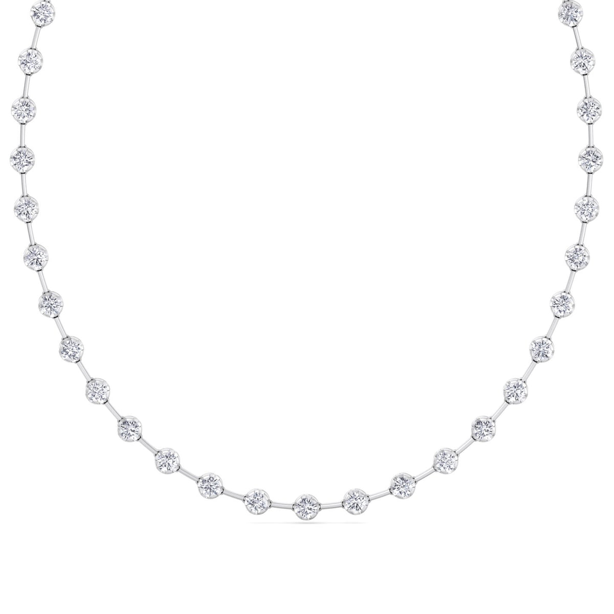 Crown Prong Round Natural Diamond Bar Necklace White Gold  18K