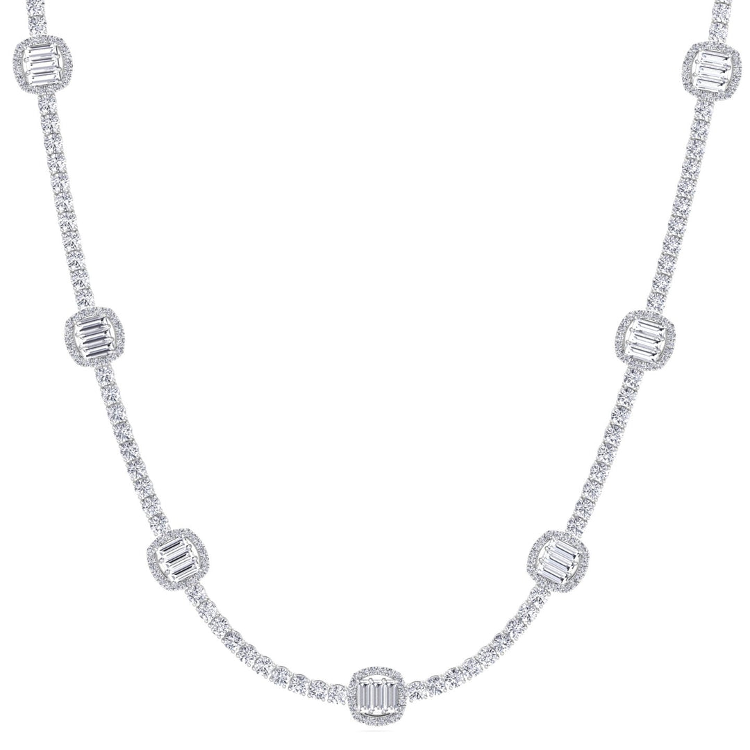 Emerald Shape Halo Station Natural Diamond Tennis Necklace in 14K Solid Gold White Gold 18K