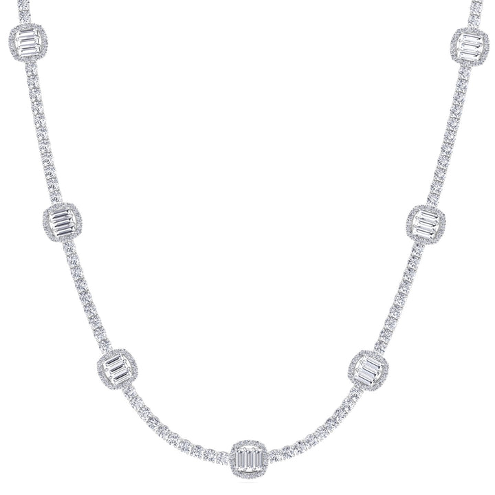 Emerald Shape Halo Station Natural Diamond Tennis Necklace in 14K Solid Gold White Gold 18K
