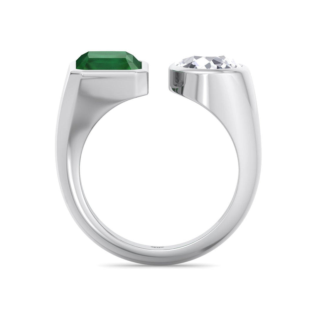 Pamina - Bezel Set Toi Et Moi Green Emerald and Pear Shape Diamond Open Ring