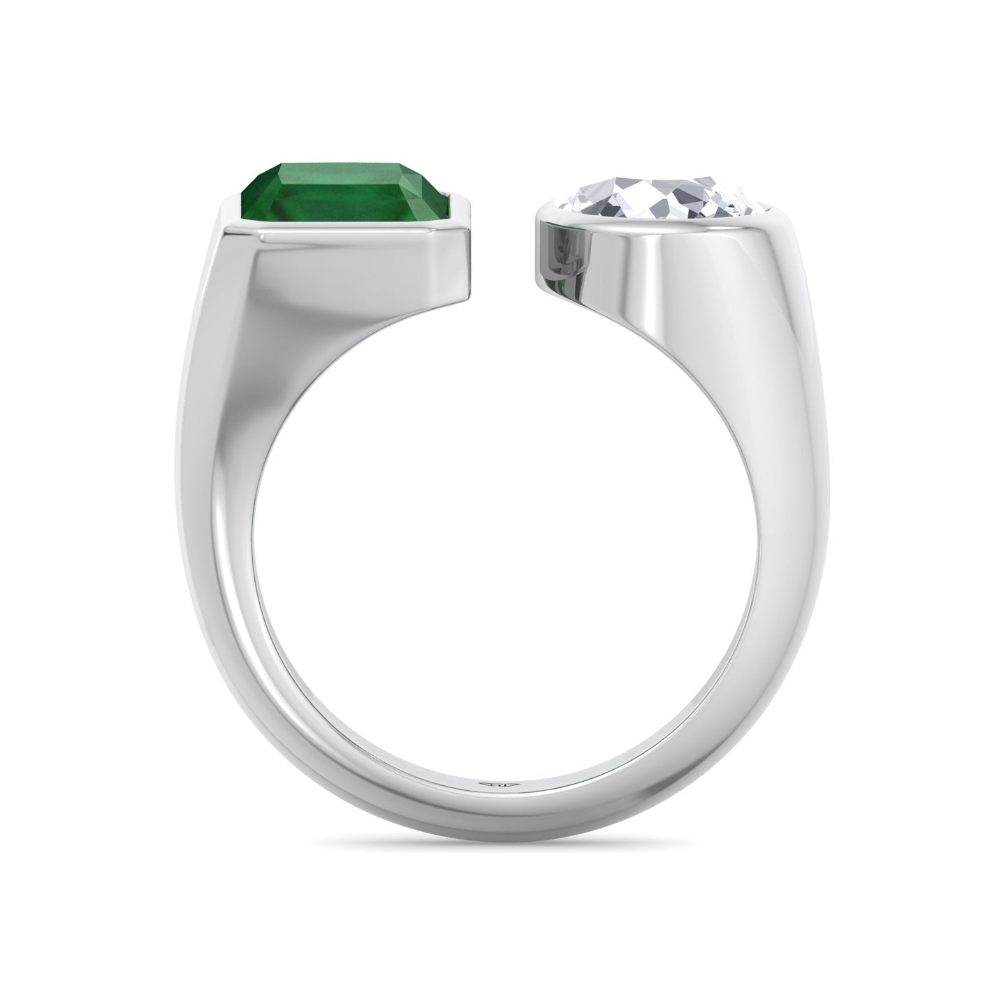 Pamina - Bezel Set Toi Et Moi Green Emerald and Pear Shape Diamond Open Ring - Gem Jewelers Co