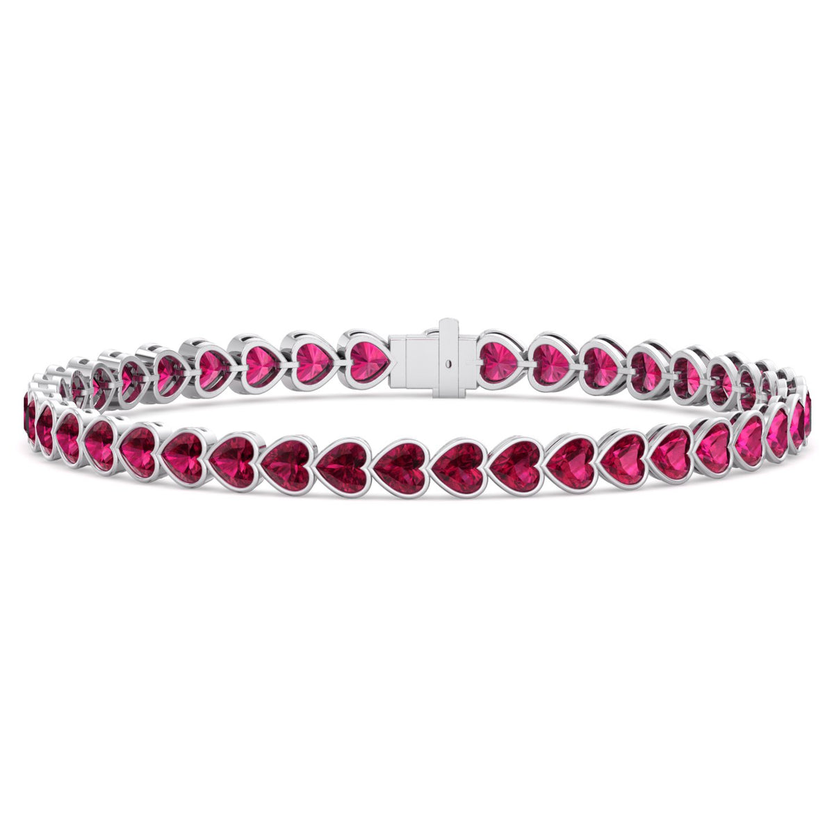 East to West Heart Shape Bezel Set Natural Red Ruby Tennis Bracelet White Gold 18K