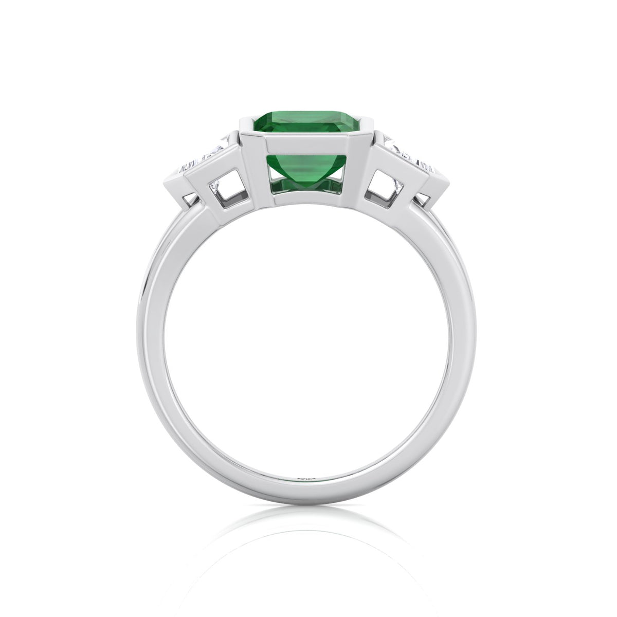 Bezel Set Natural Emerald Shape Green Emerald with Half Moon Diamond Sidestones Engagement Ring White Gold