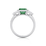 Bezel Set Natural Emerald Shape Green Emerald with Half Moon Diamond Sidestones Engagement Ring White Gold